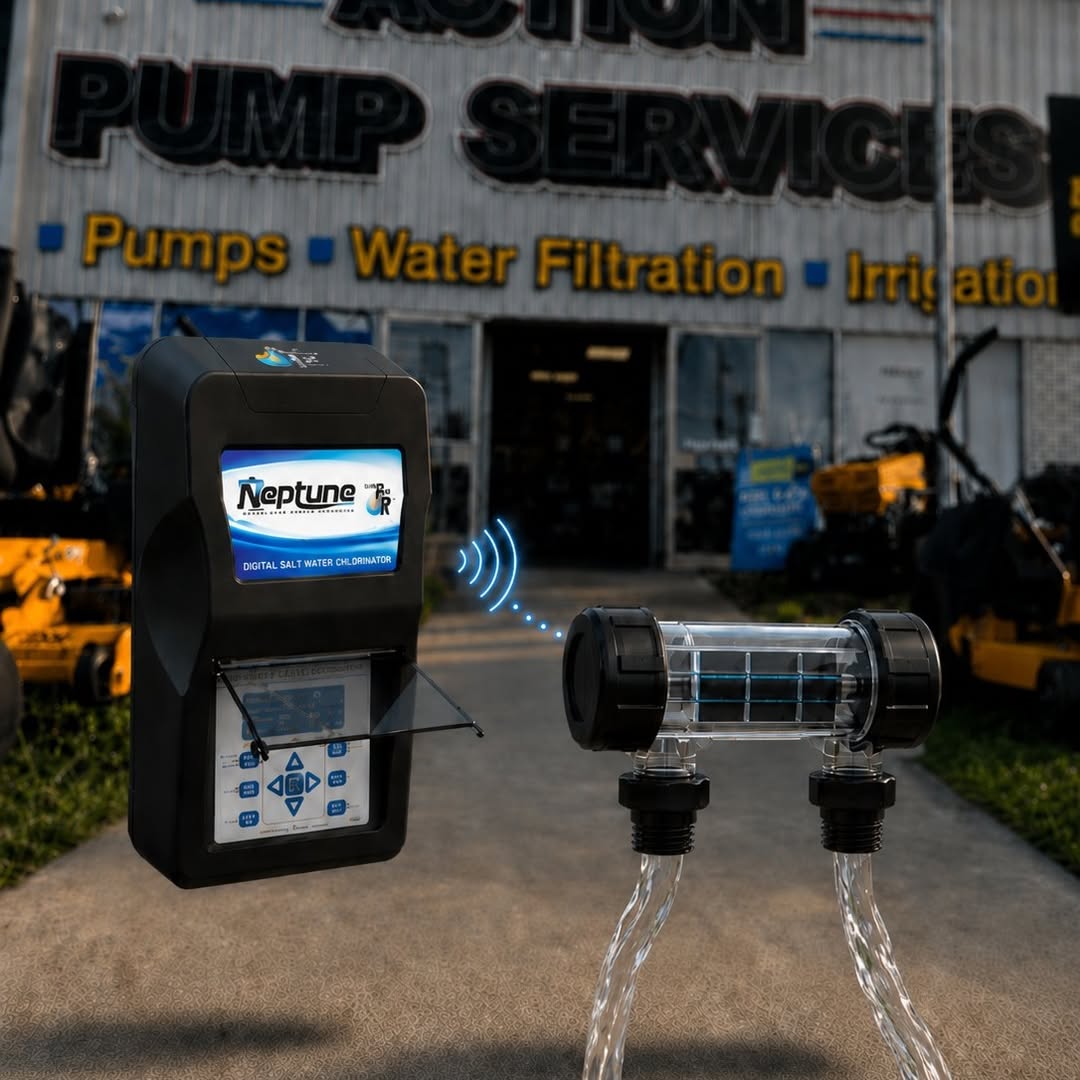 A Neptune digital salt water chlorinator and its cell, photographed outside the shop.